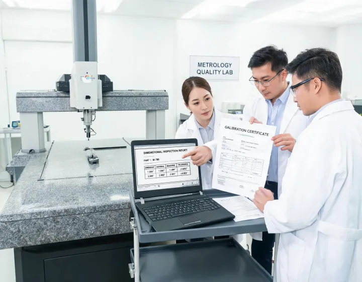 Metrology engineers review inspection data beside a CMM