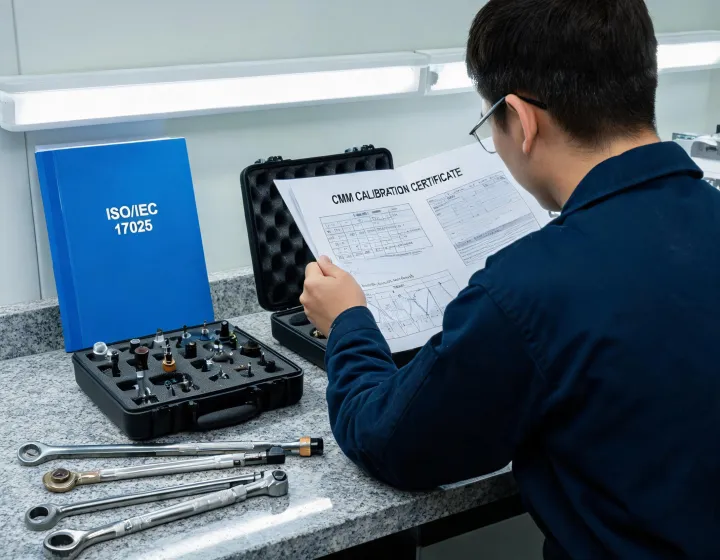 Calibration engineer reviewing CMM certificate documents
